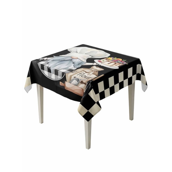 Chef Gnomes Table Cloth, Black White Plaid Dessert Maker Cake Waterproof Tablecloth for Square Tables, Reusable Washable Fabric Table Cover for Restaurant Kitchen Dining Tables 60"x60"