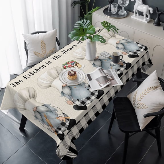 Chef Gnomes Table Cloth Waterproof Tablecloths, Black Grey Plaid Cake Cook Dessert Burlap Tablecloth Dining Table Cover for Kitchen Party Tabletop Outdoor, Rectangle Tablecloth 54x108 Inch