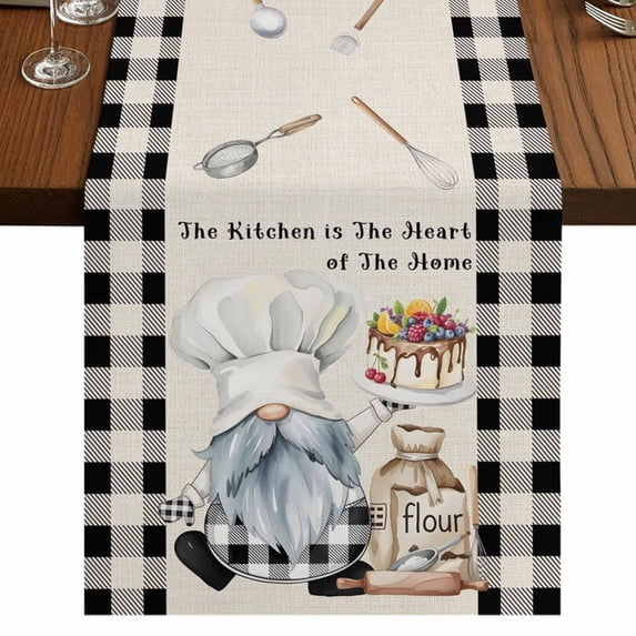 Chef Gnomes Table Runner 48 Inches Long for Dining Tables, Black Grey Plaid Cake Cook Dessert Burlap Cotton Linen Table Runner Coffee Tablerunners Dresser for Kitchen Party Holiday Decor 13"x48"