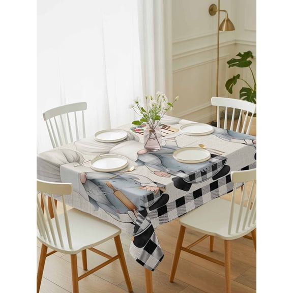Chef Gnomes Tablecloth Rectangle Table Cloth 60x102, Waterproof Tablecloth Outdoor Table Cloth, Black Grey Plaid Cake Cook Dessert Burlap Washable Table Cover for Kitchen Dinning Party