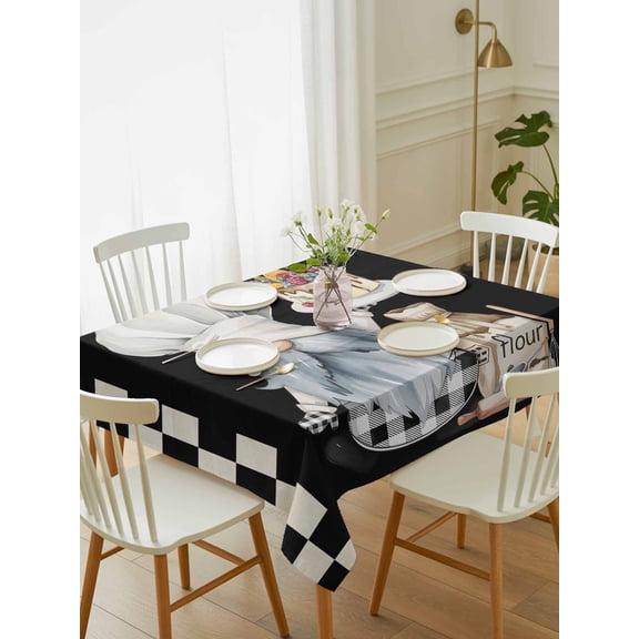 Chef Gnomes Tablecloth Rectangle Table Cloth 60x102, Waterproof Tablecloth Outdoor Table Cloth, Black White Plaid Dessert Maker Cake Washable Table Cover for Kitchen Dinning Party