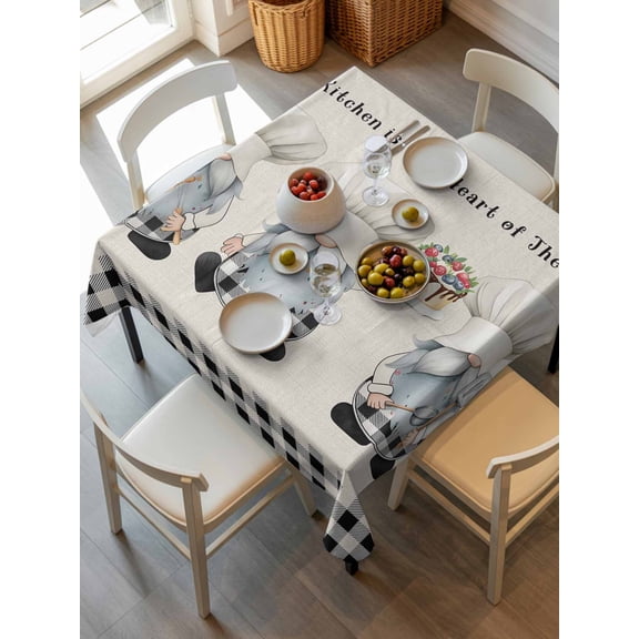 Chef Gnomes Tablecloth Square Table Cloth 54x54, Waterproof Tablecloth Outdoor Table Cloth, Black Grey Plaid Cake Cook Dessert Burlap Washable Table Cover for Kitchen Dinning Party