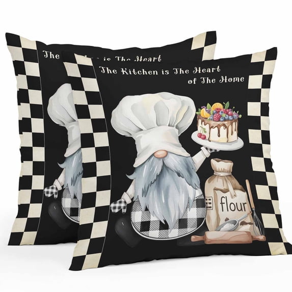 Chef Gnomes Throw Pillow Covers 18x18 Inch Set of 2, Rustic Black White Paid Dessert Cake Cook Waterproof Outdoor Pillow Covers, Decorative Cushion Pillowcases for Couch, Sofa, Bed, Garden, Patio