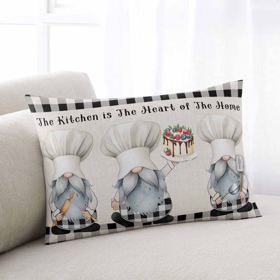 Chef Gnomes Throw Pillow Covers, Black Grey Plaid Cake Cook Dessert Burlap Soft Breathable Pillow Cases with Invisible Zipper for Sleeping, Standard Pillowcases for Couch Bed Sofa Chair 20x26 Inches