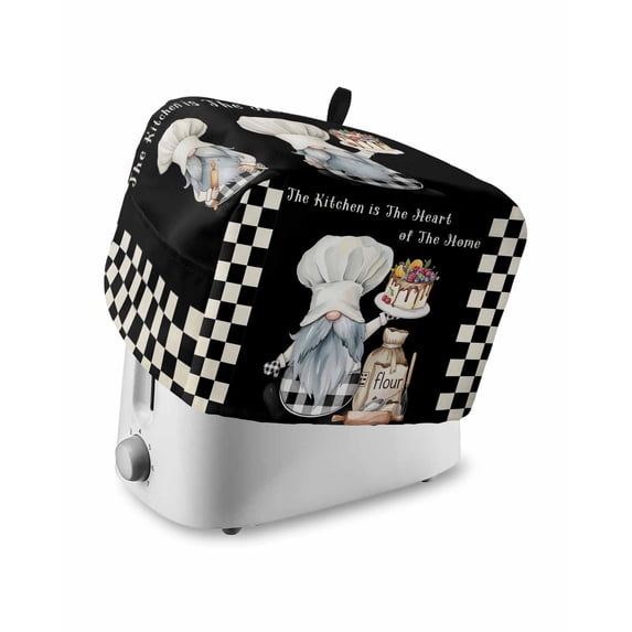 Chef Gnomes Toaster Cover 2 Slice, Small Kitchen Appliance Covers, Black White Plaid Dessert Maker Cake Toaster Oven Cover with Loop, Bread Machine Cover Polyester Dust Cover Protection