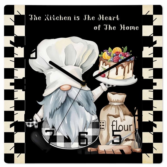 Chef Gnomes Wooden Wall Clock Silent Non Ticking, Rustic Black White Paid Dessert Cake Cook Square Wall Clocks Battery Operated, Decor Clock for Home Office, Living Room, Kitchen, 12 Inch