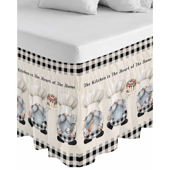 Chef Gnomes Wrap Around Bed Skirts for King Bed 18" Drop,Bed Skirt with Adjustable Elastic Belt Dust Ruffle Bed Valance for Bedroom Hotel Black Grey Plaid Cake Cook Dessert Burlap Bed Frame Cover