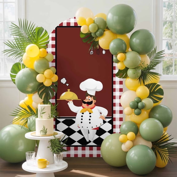 Chef Gourmet Arch Backdrop Cover, 5FT, Red Plaid Kitchen Vintage Farmhouse Spandex Arch Covers Double-Sided Backdrop for Wedding Birthday Party Photo Background Decoration