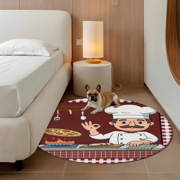 Chef Gourmet Kitchen 3ft Round Rug for Bathroom Accent Bedside Corner, Knife And Fork Red Plaid Washable Non Slip Circle Area Rug for Small Spaces