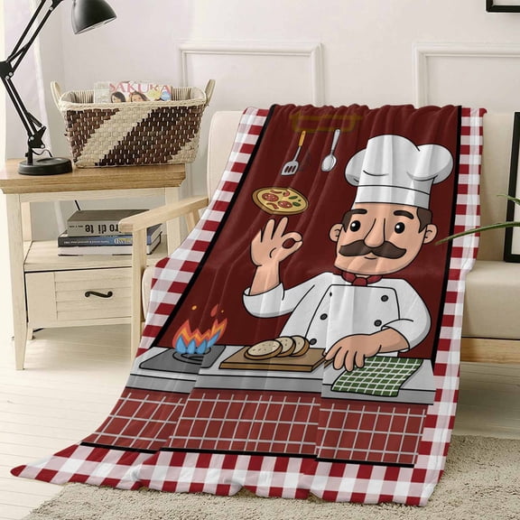 Chef Gourmet Kitchen Throw Flannel Blanket 50x60In Knife And Fork Red Plaid Super Soft Cozy Bed Blanket, Lightweight Plush Fuzzy Bed Throw for Bedroom Sofa Couch Living Room