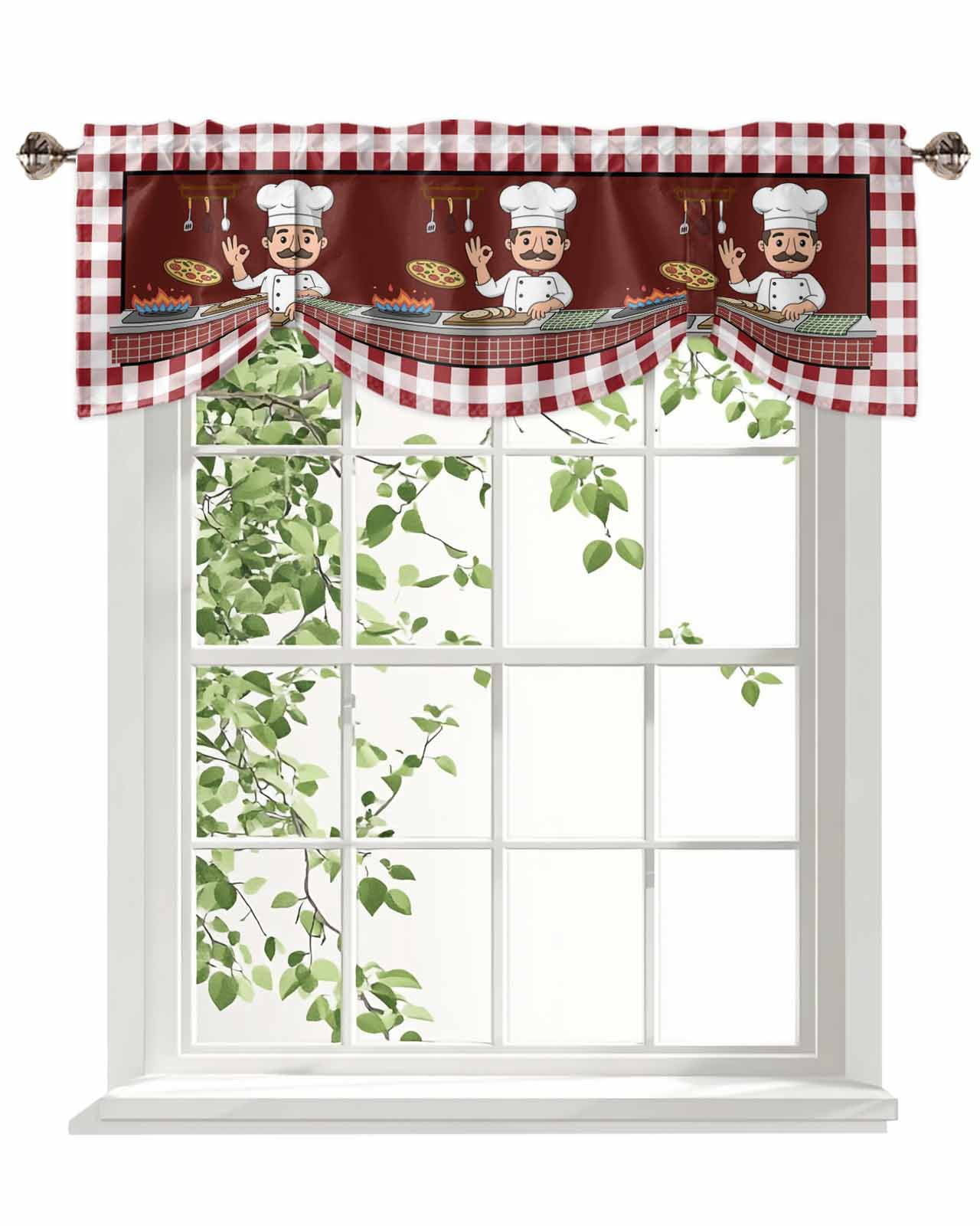 Chef Gourmet Kitchen Tie Up Valances Curtain, Adjustable Kitchen Knife And Fork Red Plaid Valances for Windows Decor, Rod Pocket Short Curtains Set for Bedroom/Bathroom, 54"x18"