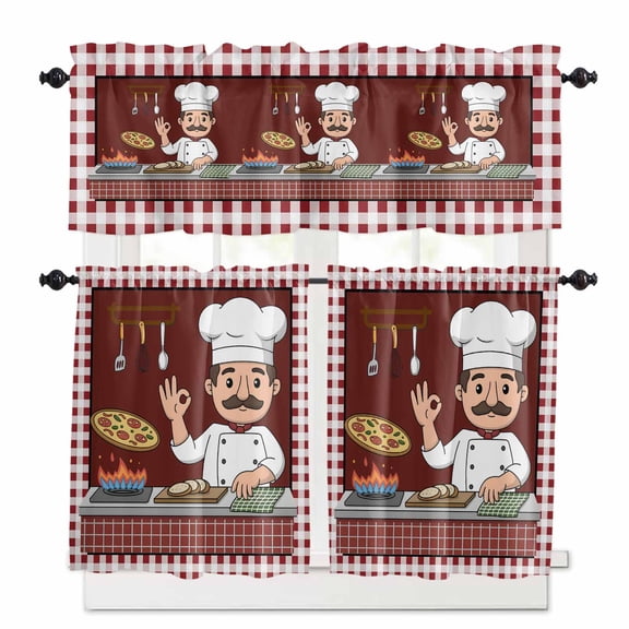 Chef Gourmet Kitchen Window Curtains Valance Set of 3 Knife And Fork Red Plaid Rod Pocket Small Kitchen Curtain, Soft Window Treatment for Bedroom Party Holiday Decor