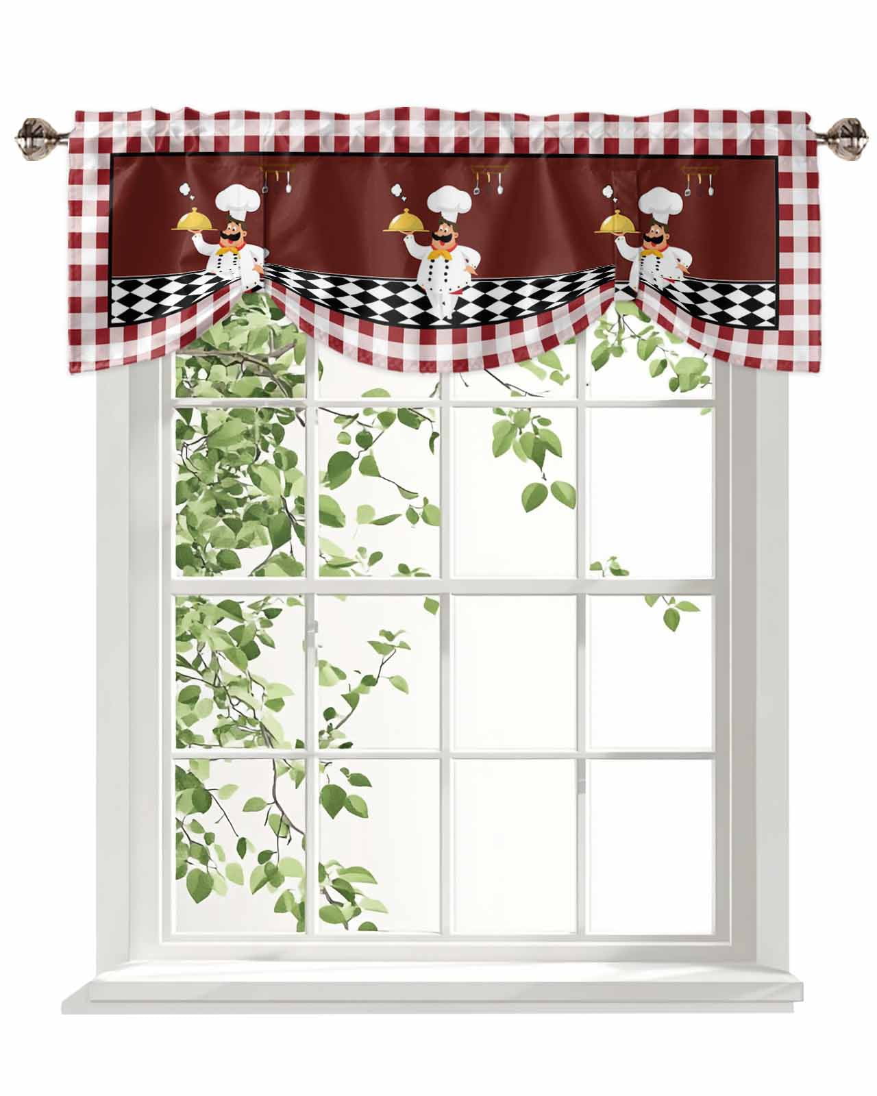Chef Gourmet Tie Up Valances Curtain, Adjustable Kitchen Red Plaid Kitchen Vintage Farmhouse Valances for Windows Decor, Rod Pocket Short Curtains Set for Bedroom/Bathroom, 60"x18"