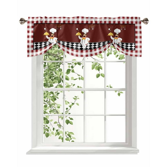 Chef Gourmet Tie Up Valances Curtain, Adjustable Kitchen Red Plaid Kitchen Vintage Farmhouse Valances for Windows Decor, Rod Pocket Short Curtains Set for Bedroom/Bathroom, 54"x18"
