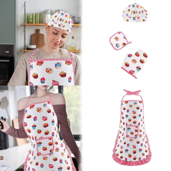Chef Hat and Apron Set for Kids, Pink Sweet Cake Cooking Apron, Kids Aprons for Cooking, Adjustable Toddler Aprons with Pocket, Stocking Stuffer, 6-12 Years, 4 Pcs