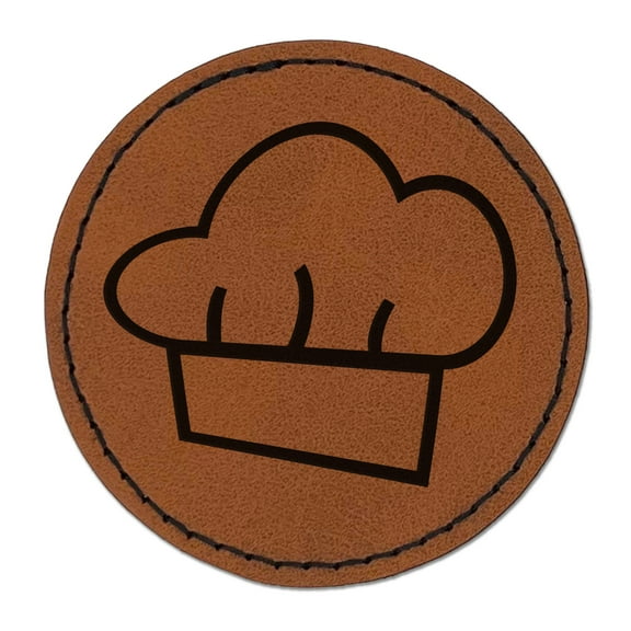 Chef Hat Cooking 2.5" Faux Leather Round Engraved Iron-On Patch - Brown