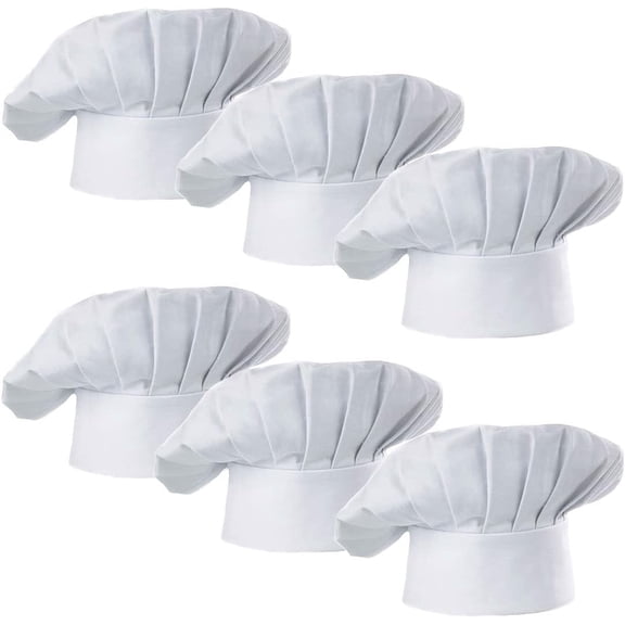 Chef Hat Set of 6 PCS Pack Adult Adjustable Elastic Baker Kitchen Cooking Chef Cap (White)