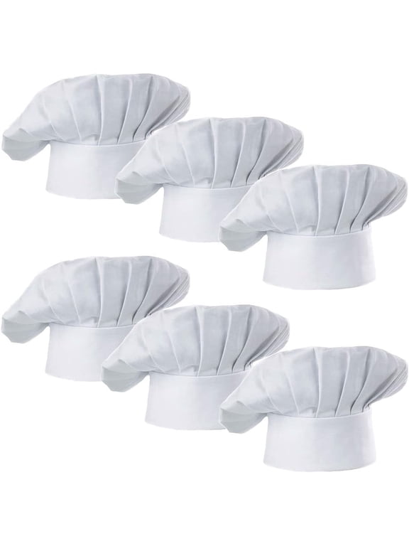 Chef Hat Set of 6 PCS Pack Adult Adjustable Elastic Baker Kitchen Cooking Chef Cap (White)