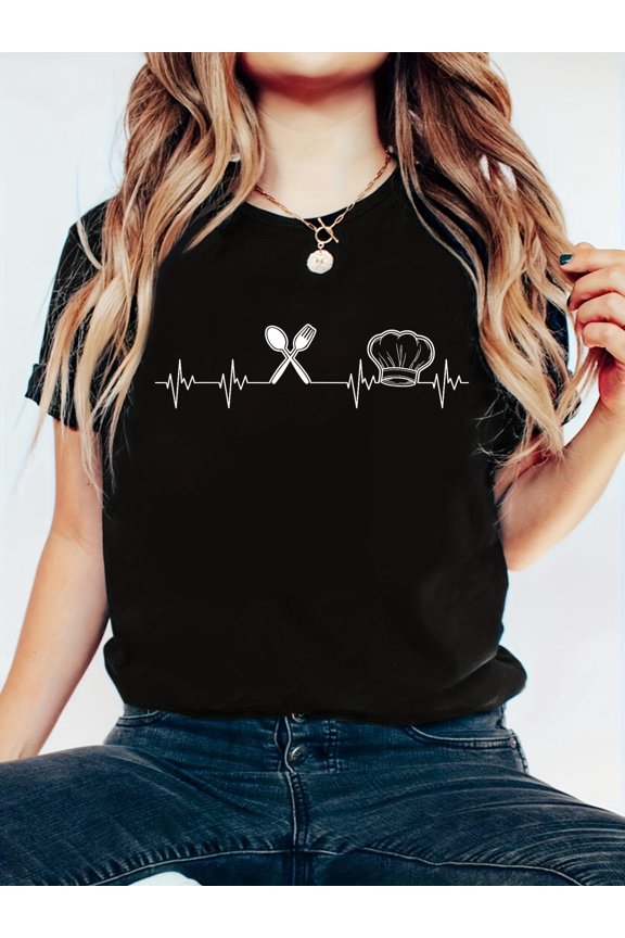 Chef Heartbeat Funny Culinary Chef Gift Cooking Lover T-Shirt - Soft 100% Cotton, Breathable, Casual Short Sleeve Top for Spring & Summer for T-Shirt Lovers