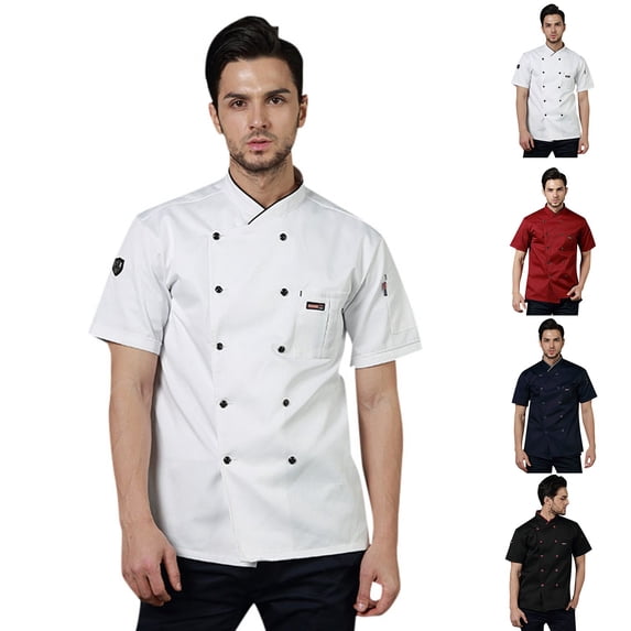 Chef Jacket Hotel Restaurant Work Shirt Uniform Unisex Chef Jacket Long Sleeve Hotel Kitchen with Stylish Red Buttons,White,XXL