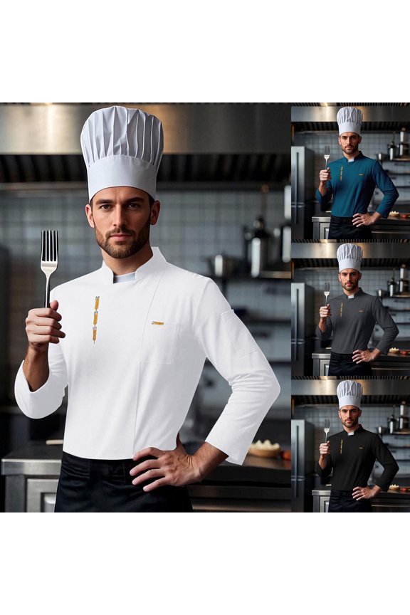 Chef Jacket Mens Classic Restaurant Kitchen Work Clothes Men's Chef Cardigan Long Sleeve Kitchen Workwear Top for Casual Restaurant Scenes,White,L