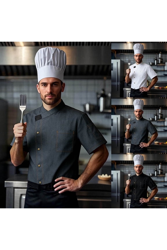 Chef Jacket Mens Restaurant Kitchen Cooking Chef Uniform Men's Lightweight Short Sleeve Cardigan Shirt for Kitchen Workwear and Casual Spring Summer Wear,Black,L