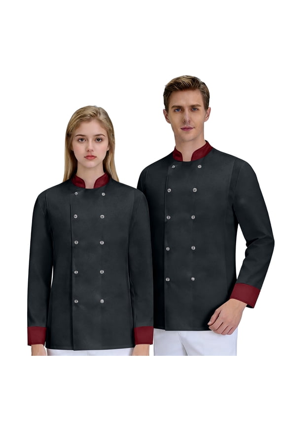 Chef Jacket for Men Long Sleeve Chef Shirts Restaurant Kitchen Cooking Work Tops Hotel Uniform Shirts with Pockets Wine 3XL