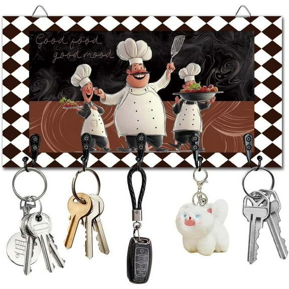 Chef Key Holder Key Hooks Organizer Hanger Rack Vintage Wall Mounted Wooden Key Rack with 5 Key Hooks