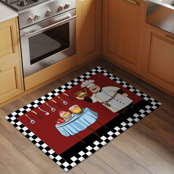 Chef Kitchen 2x3 Rug for Entryway Front Door Kitchen Sink Area, Gourmet Black White Buffalo Plaid Low Pile Washable Non Slip Rectangle Area Rug