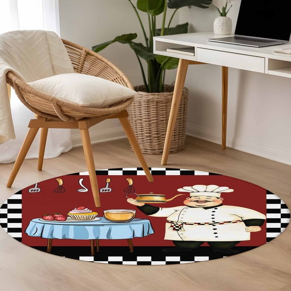 Chef Kitchen 3.3ft Round Rug for Bedroom Reading Corner, Gourmet Black White Buffalo Plaid Washable Non Slip Circle Area Rug