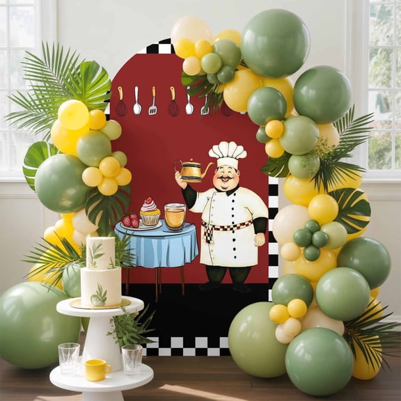 Chef Kitchen Arch Backdrop Cover, 5FT, Gourmet Black White Buffalo Plaid Spandex Arch Covers Double-Sided Backdrop for Wedding Birthday Party Photo Background Decoration