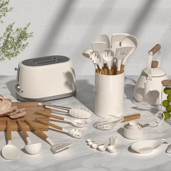 Chef Kitchen Cooking Utensils Set, 33 pcs Non-Stick Silicone Cooking Kitchen Utensils Spatula Set with Holder, Wooden Handle Silicone Kitchen Gadgets Utensil Set (Khaki)