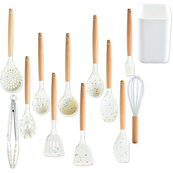 Chef Kitchen Cooking Utensils Set, Wooden Handle Silicone Kitchen Gadgets Utensil Set,11 pcs Non-Stick Silicone Cooking Kitchen Utensils Spatula (White)