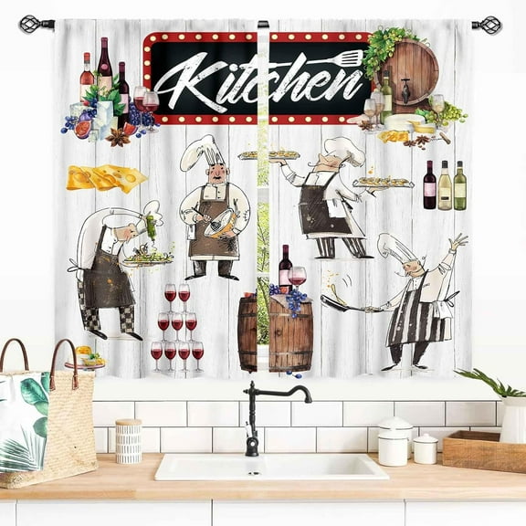 Chef Kitchen Curtains, Funny Fat Chef Cook Theme Rustic Farm Chief Red Black Checkered Patterned Blackout Small Window Curtains Drapes for Bedroom Living Room Laundry 2 Panel Sets, 55x39 Inch