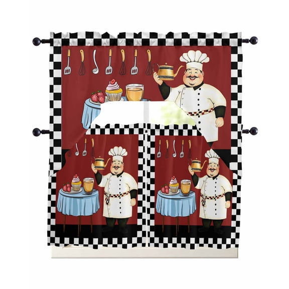 Chef Kitchen Curtains Set for Windows 3 Piece Cafe Curtains 24 Inch Length Swag Curtains Valances and Tier Set Cartoon Red Food Cooking Black White Buffalo Check Drapes for Bedroom Bathroom