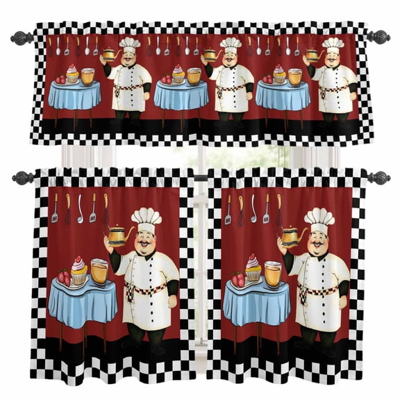 Chef Kitchen Curtains Set for Windows, Red Kitchen Dessert Food Black White Plaid Curtains Valance and Tier 3 Piece Set Small Drapes 24 Inch Length for Kitchen Bedroom Decor