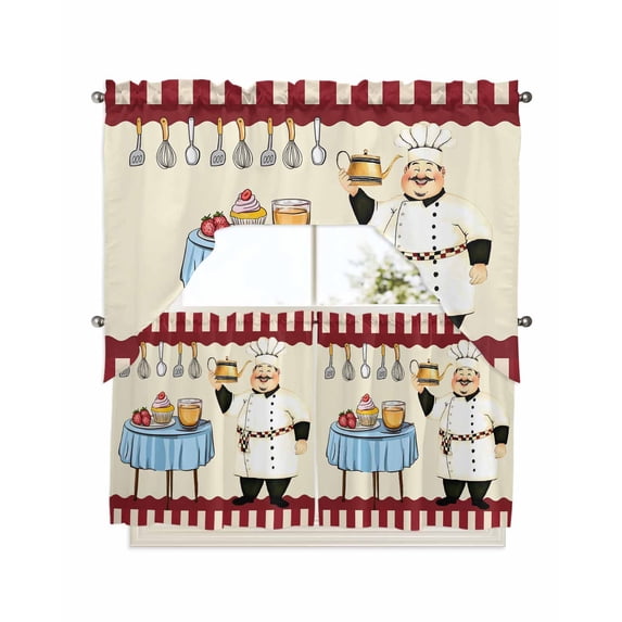 Chef Kitchen Curtains Swag Valance and Tier Curtains Set 24 Inch Length, Red Fruit Cake Hat Kitchen Gourmet Vintage Rod Pocket Drape Panels Pair Swag Curtains for Bathroom/Cafe/Window