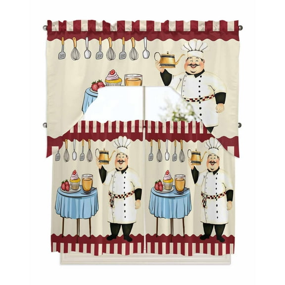Chef Kitchen Curtains Swag Valance and Tier Curtains Set 36 Inch Length, Red Fruit Cake Hat Kitchen Gourmet Vintage Rod Pocket Drape Panels Pair Swag Curtains for Bathroom/Cafe/Window