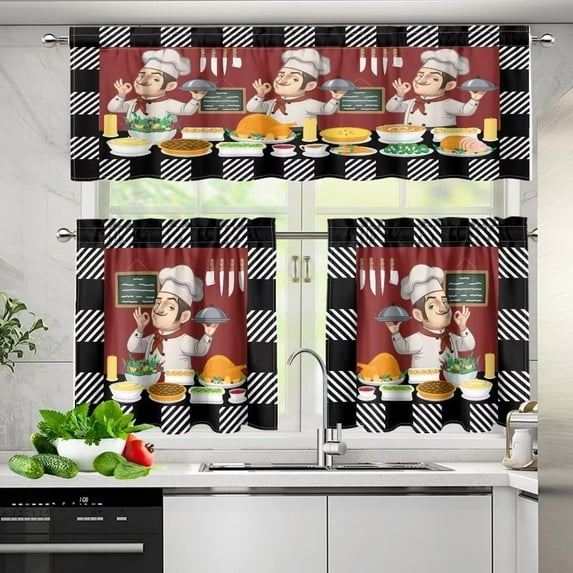Chef Kitchen Curtains Tiers and Valances 3 Piece, Kitchen Decor Funny Chef on Red Small Black White Check Border Rod Pocket Short Window Tiers Panel and Valance for Cafe(24" L Tiers & 18" L Valance)