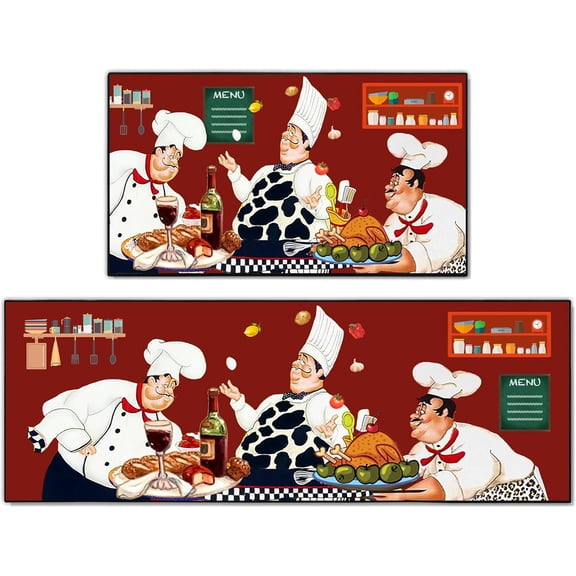 Chef Kitchen Decor Rug 2 Piece Set Washable Kitchen Mats 17"x47"+17"x30"(Chef)