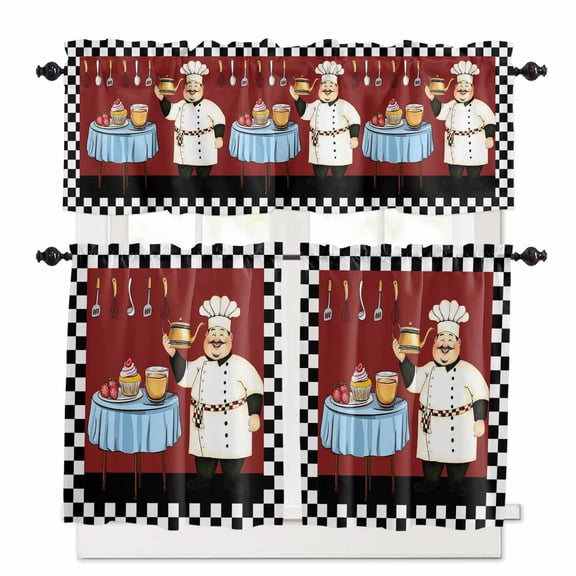Chef Kitchen Kitchen Curtains Valances and Tiers Set of 3, 24 Inch Length Tier Curtains and Valance Rod Pocket Valance Curtains Set for Kitchen Bathroom Small Windows