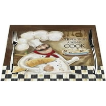 Chef Kitchen Placemats for Dining Table Set of 4, Retro Cartoon Fat Chef Cook Check Cotton Linen Place Mats for KitchenDining, Non Slip, Durable, Washable FarmhouseModern Table Mats (18" L x 12" W)
