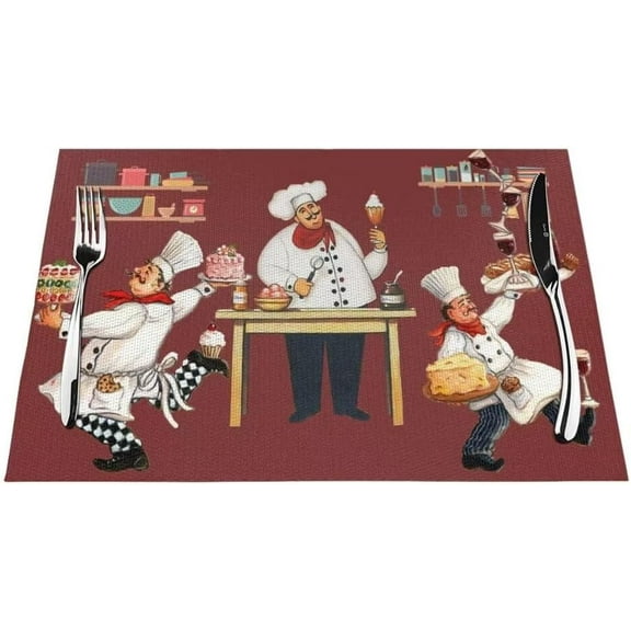 Chef Kitchen Print Place Mats Set of 4, Retro Chef Restaurant Kitchen Watercolor Art, Washable Fabric Placemats for Dining Table, Standard Size (18" L x 12" W)