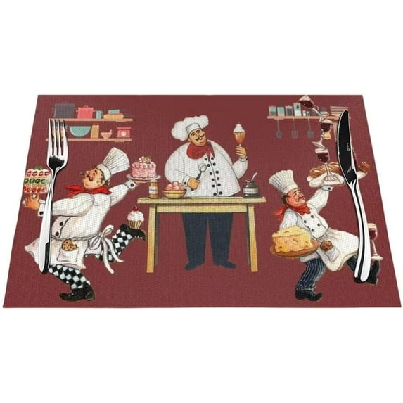 Chef Kitchen Print Place Mats Set of 6, Retro Chef Restaurant Kitchen Watercolor Art, Washable Fabric Placemats for Dining Table, Standard Size (18" L x 12" W)
