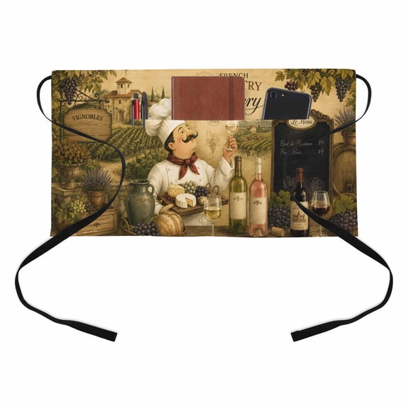 Chef Kitchen Restaurant Half Waist Apron, Wine Bottles Grapes Cheese Rustic Farmhouse Server Short Apron with 3 Pockets Waterproof Oil Waist Aprons for Women Waitress Waiter