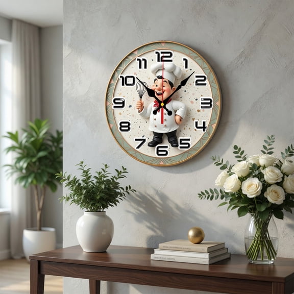 Chef Kitchen Round Wall Clock, Mdf Wood Decorative Wall Clock, Cute Cooking Wall Decor For Kitchen Dining Room