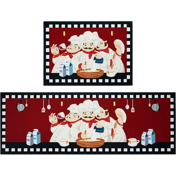 Chef Kitchen Rug Set,Rustic Fat Chef Rugs for Kitchen Retro Runner Rugs with Rubber Backing,Throw Rugs Washable for Kitchen Sink,Laundry Room,Standing Desk,Vintage,Red Kitchen Rugs