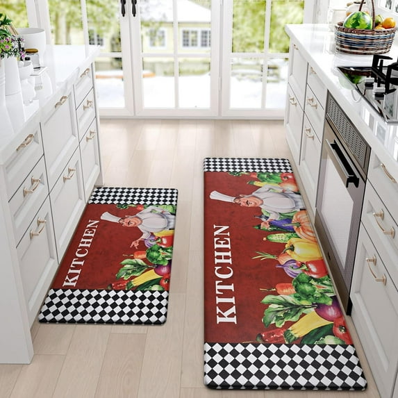 Chef Kitchen Rugs Sets of 2, Non Slip Cushioned Kitchen Mats for Floor Comfort PVC Mat, Waterproof Kitchen Mats and Rugs, Memory Foam Kitchen Floor Mat for Kitchen, 17 x 47 + 17 x 30 Inch