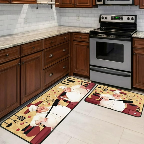 Chef Kitchen Rugs and Mats Non-Skid Washable for Floor, Red Fat Chef Kitchen Decor and Accessories Kitchen Mat Set of 2, 17"x30"+17"x47"