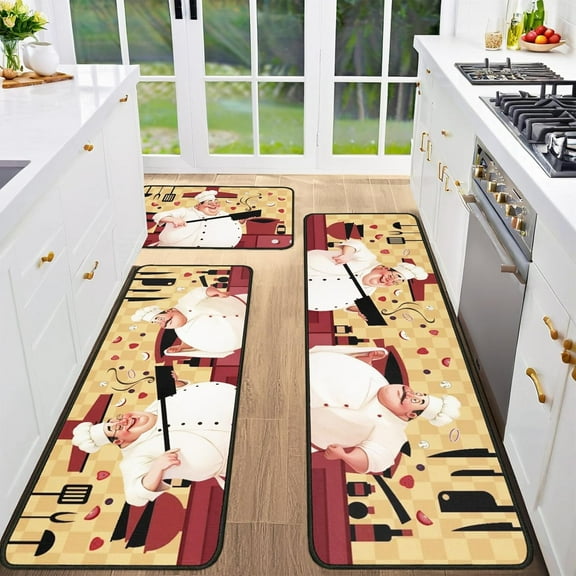 Chef Kitchen Rugs and Mats Non-Skid Washable for Floor, Red Fat Chef Kitchen Decor and Accessories Kitchen Mat Set of 3